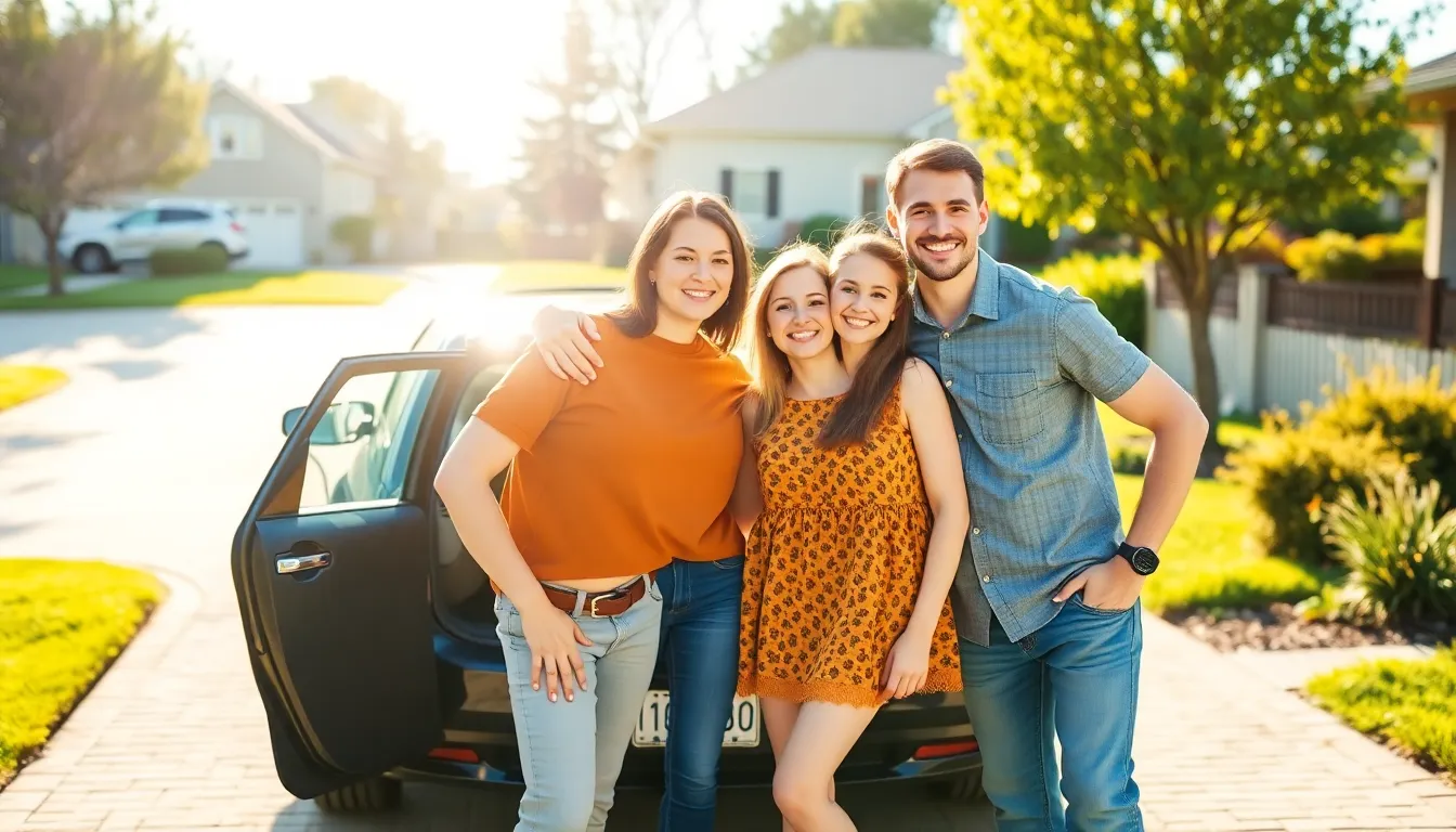 A cheerful family loading up a car on a sunny day